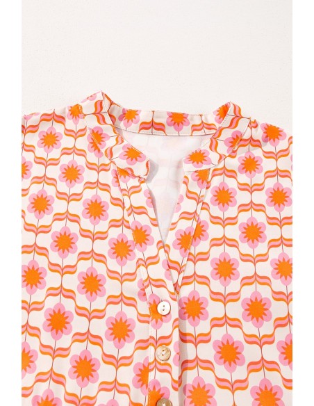 Mini Jurk met Bloemenprint, Vlindermouwen en Knopen - Oranje