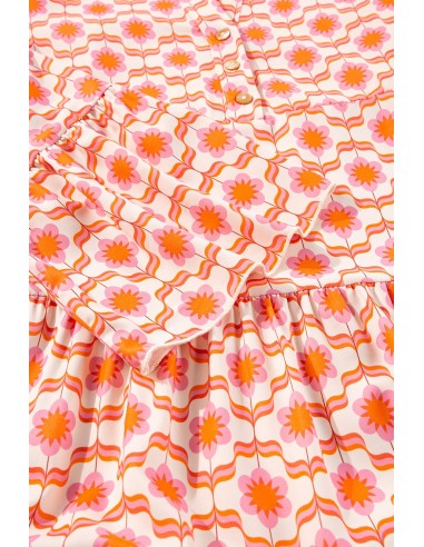 Mini Jurk met Bloemenprint, Vlindermouwen en Knopen - Oranje