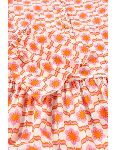 Robe Mini Fleurie à Manches Volantes et Boutonnée - Orange