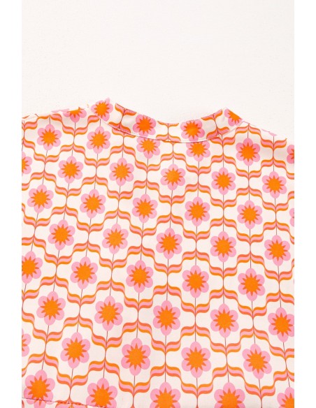 Mini Jurk met Bloemenprint, Vlindermouwen en Knopen - Oranje