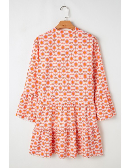 Robe Mini Fleurie à Manches Volantes et Boutonnée - Orange