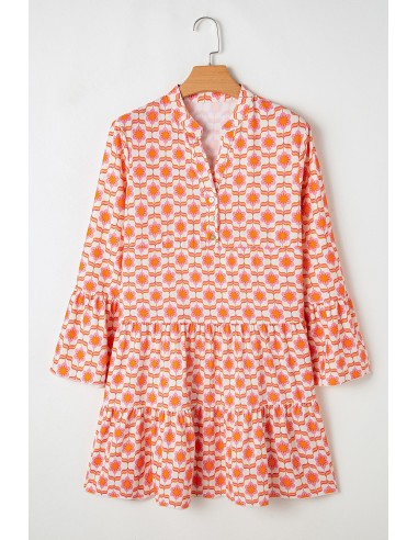 Robe Mini Fleurie à Manches Volantes et Boutonnée - Orange