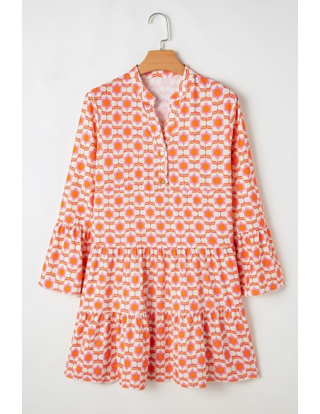 Robe Mini Fleurie à Manches Volantes et Boutonnée - Orange