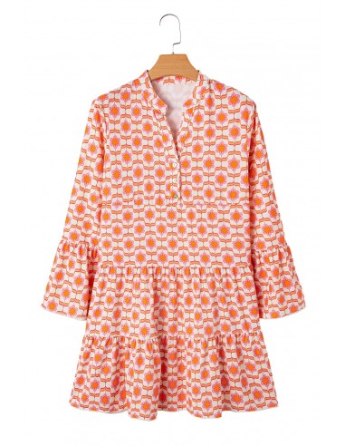 Robe Mini Fleurie à Manches Volantes et Boutonnée - Orange