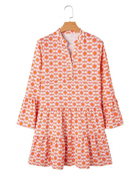 Robe Mini Fleurie à Manches Volantes et Boutonnée - Orange