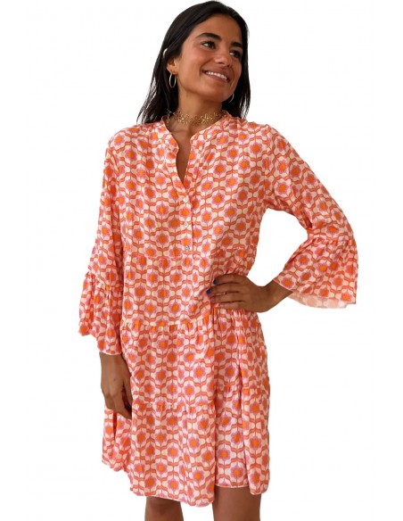 Robe Mini Fleurie à Manches Volantes et Boutonnée - Orange