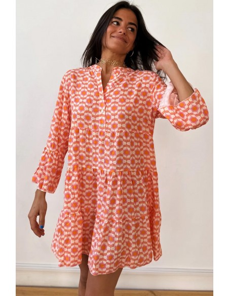 Mini Jurk met Bloemenprint, Vlindermouwen en Knopen - Oranje