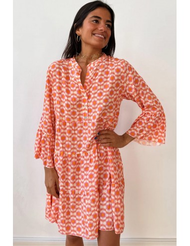 Robe Mini Fleurie à Manches Volantes et Boutonnée - Orange
