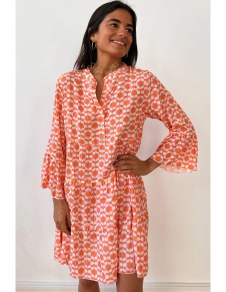 Robe Mini Fleurie à Manches Volantes et Boutonnée - Orange