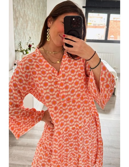 Mini Jurk met Bloemenprint, Vlindermouwen en Knopen - Oranje