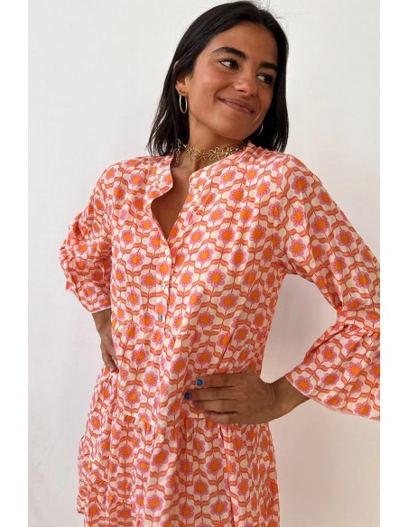 Mini-Kleid mit Blumenprint, Flügelärmeln und Knöpfen - Orange