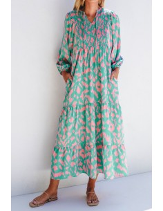 Lange Groene Jurk met Abstracte Print en Pofmouwen