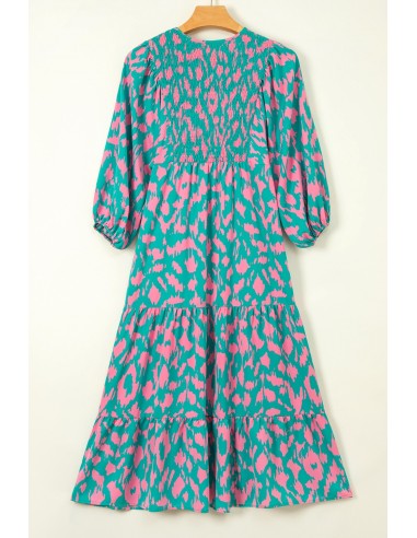 Langes Kleid mit grünem abstraktem Print und Puffärmeln