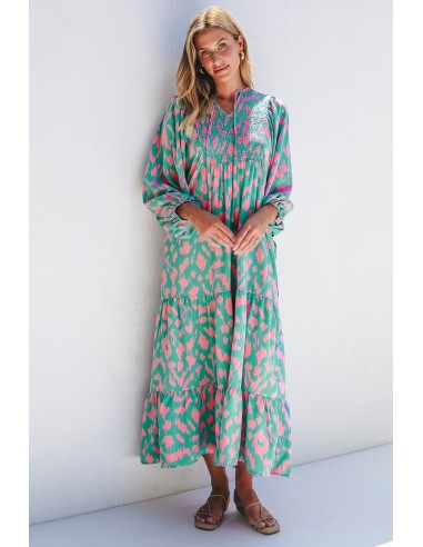 Lange Groene Jurk met Abstracte Print en Pofmouwen