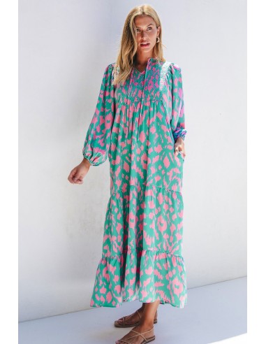 Lange Groene Jurk met Abstracte Print en Pofmouwen