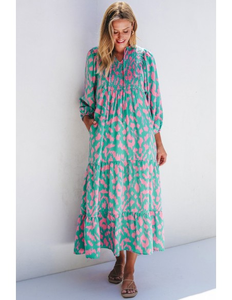 Robe Longue Verte à Imprimé Abstrait et Manches Bouffantes