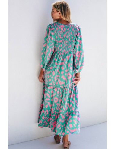 Lange Groene Jurk met Abstracte Print en Pofmouwen
