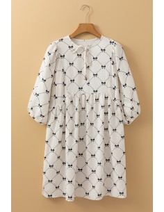 Weißes Mini-Kleid mit Schleifenmuster und Puffärmeln