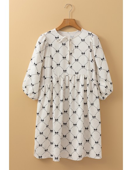 Robe Mini Blanche à Motif Nœud et Manches Bouffantes Mi-longues
