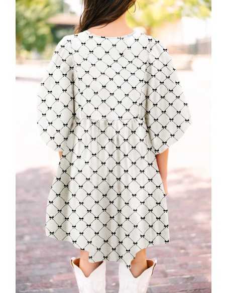 Robe Mini Blanche à Motif Nœud et Manches Bouffantes Mi-longues