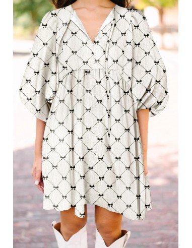 Robe Mini Blanche à Motif Nœud et Manches Bouffantes Mi-longues