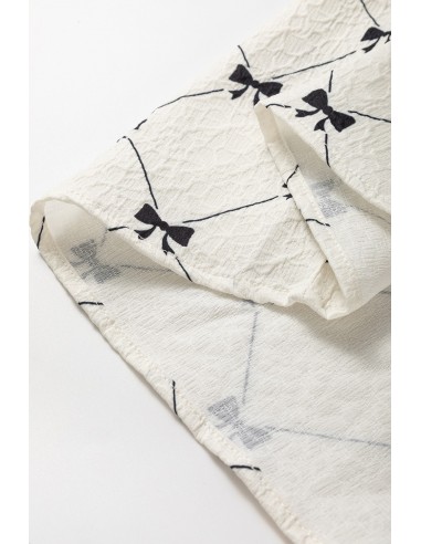 Robe Mini Blanche à Motif Nœud et Manches Bouffantes Mi-longues