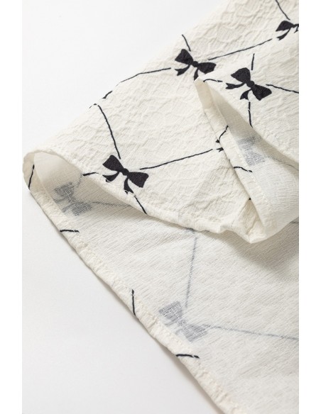 Robe Mini Blanche à Motif Nœud et Manches Bouffantes Mi-longues