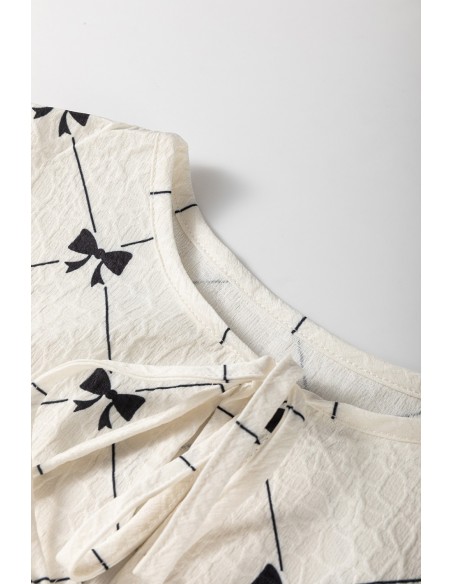 Robe Mini Blanche à Motif Nœud et Manches Bouffantes Mi-longues