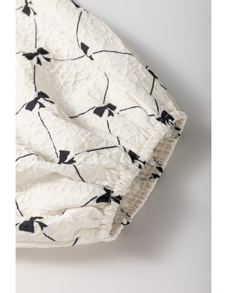 Robe Mini Blanche à Motif Nœud et Manches Bouffantes Mi-longues