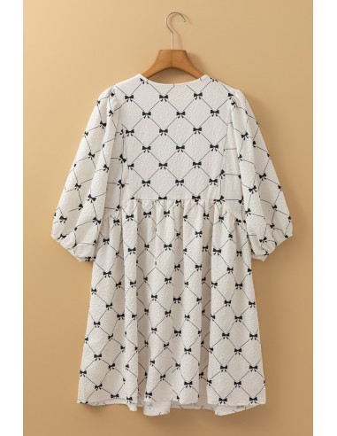 Robe Mini Blanche à Motif Nœud et Manches Bouffantes Mi-longues