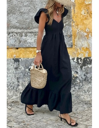 Robe Maxi Noire à Col V, Manches Volantes et Corsage Smocké