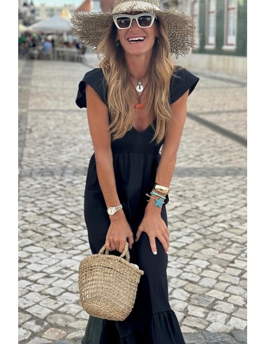 Robe Maxi Noire à Col V, Manches Volantes et Corsage Smocké