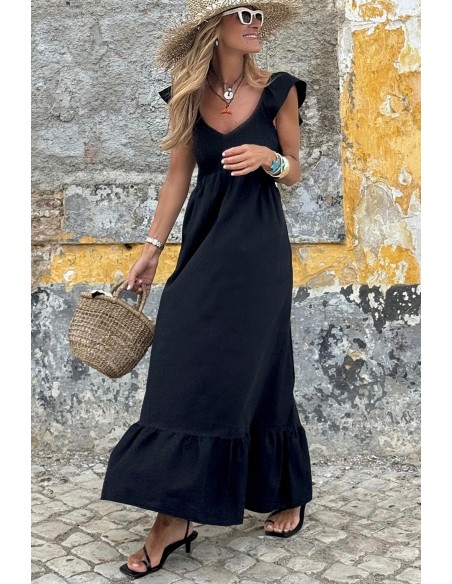 Schwarzes V-Ausschnitt Maxi-Kleid mit Flatterärmeln und Smock-Oberteil