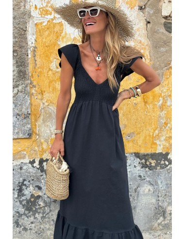 Schwarzes V-Ausschnitt Maxi-Kleid mit Flatterärmeln und Smock-Oberteil