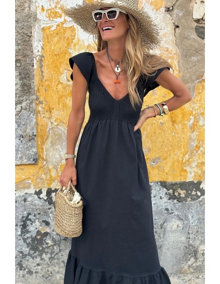 Robe Maxi Noire à Col V, Manches Volantes et Corsage Smocké