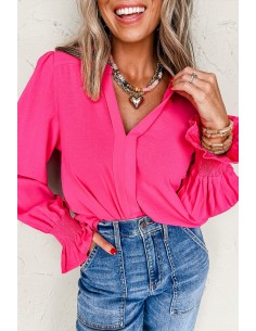 Blouse Rose Rouge Unie à Col V Découpé et Manches Froncées