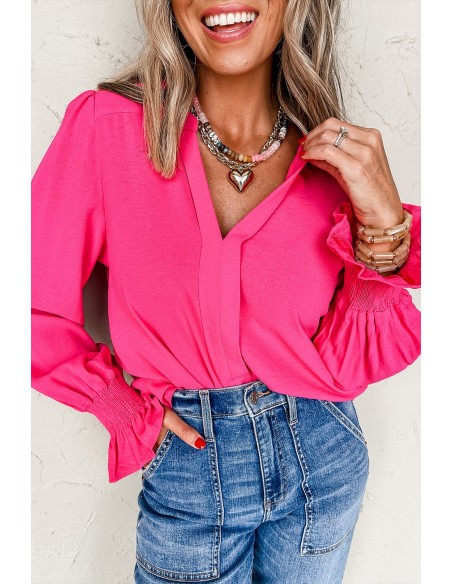 Blouse Rose Rouge Unie à Col V Découpé et Manches Froncées