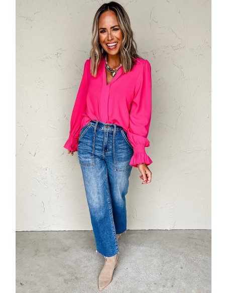 Blouse Rose Rouge Unie à Col V Découpé et Manches Froncées