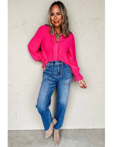 Blouse Rose Rouge Unie à Col V Découpé et Manches Froncées
