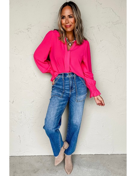Blouse Rose Rouge Unie à Col V Découpé et Manches Froncées
