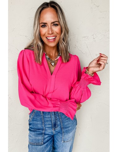 Blouse Rose Rouge Unie à Col V Découpé et Manches Froncées