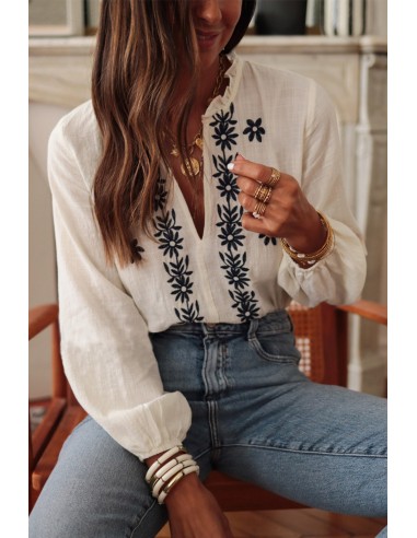 Weiße Bluse mit Floraler Stickerei, V-Ausschnitt und Puffärmeln