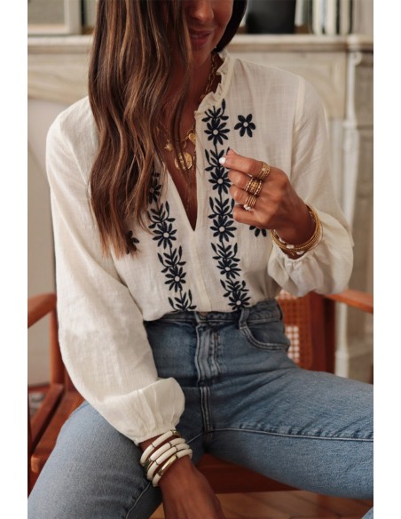 White Floral Embroidered Blouse with V-neck and Puff Sleeves