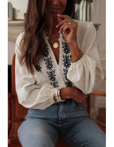 Blouse Blanche Brodée Florale à Col V et Manches Bouffantes