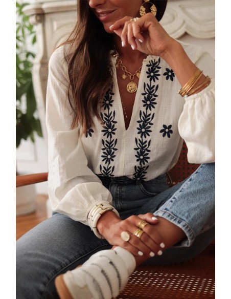 White Floral Embroidered Blouse with V-neck and Puff Sleeves