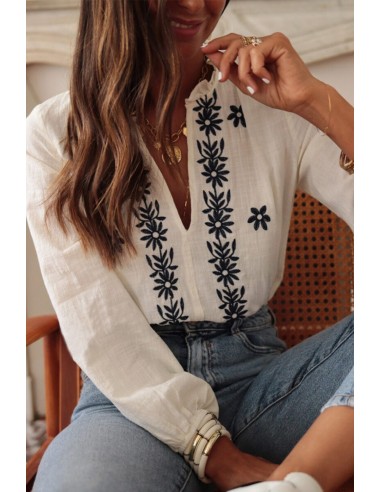 White Floral Embroidered Blouse with V-neck and Puff Sleeves