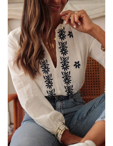 Weiße Bluse mit Floraler Stickerei, V-Ausschnitt und Puffärmeln