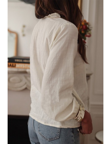 Blouse Blanche Brodée Florale à Col V et Manches Bouffantes