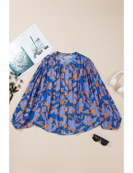 Blue Floral Print Batwing Sleeve Shirt - Casual Style