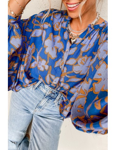 Blue Floral Print Batwing Sleeve Shirt - Casual Style